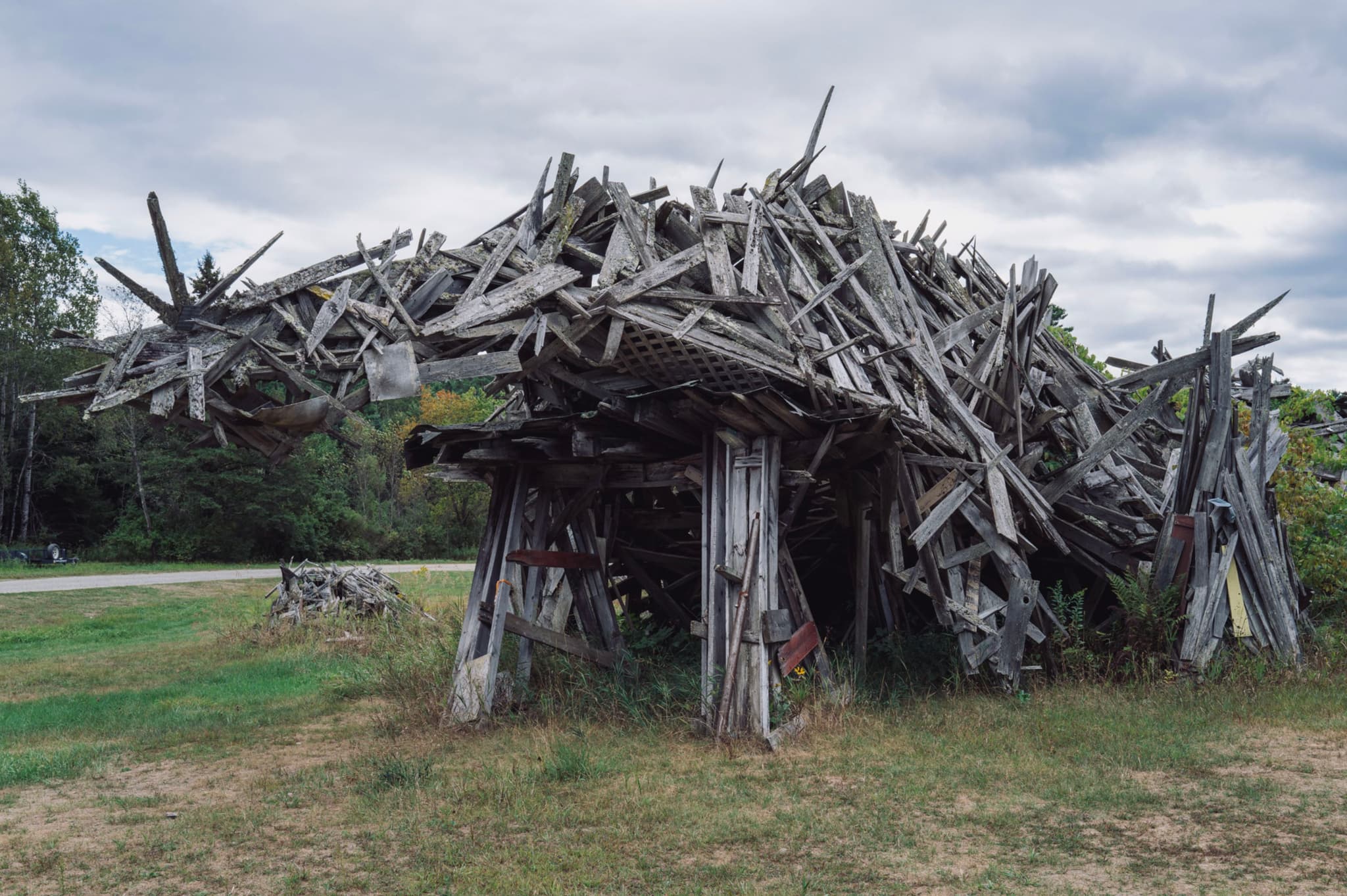 A large sculpture made of wooden planks resembling a creature, set against a cloudy sky and grass