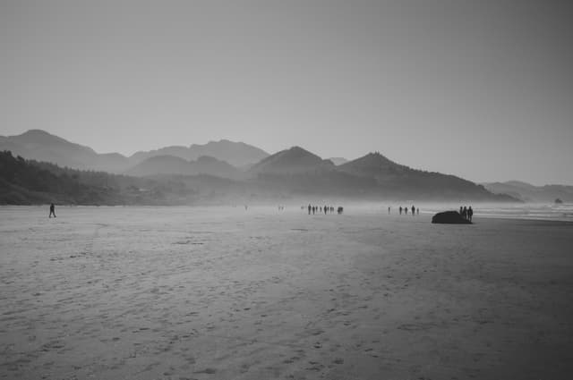 A black and white beach scene with people walking along the shore, distant mountains, and a hazy sky