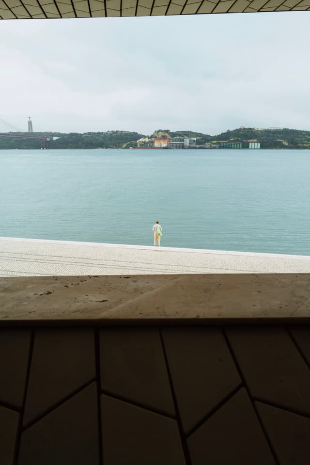 A person stands on a wide, light-colored platform overlooking a calm body of water, with a distant shoreline and buildings visible under a cloudy sky. The scene is framed by geometric patterns in the foreground