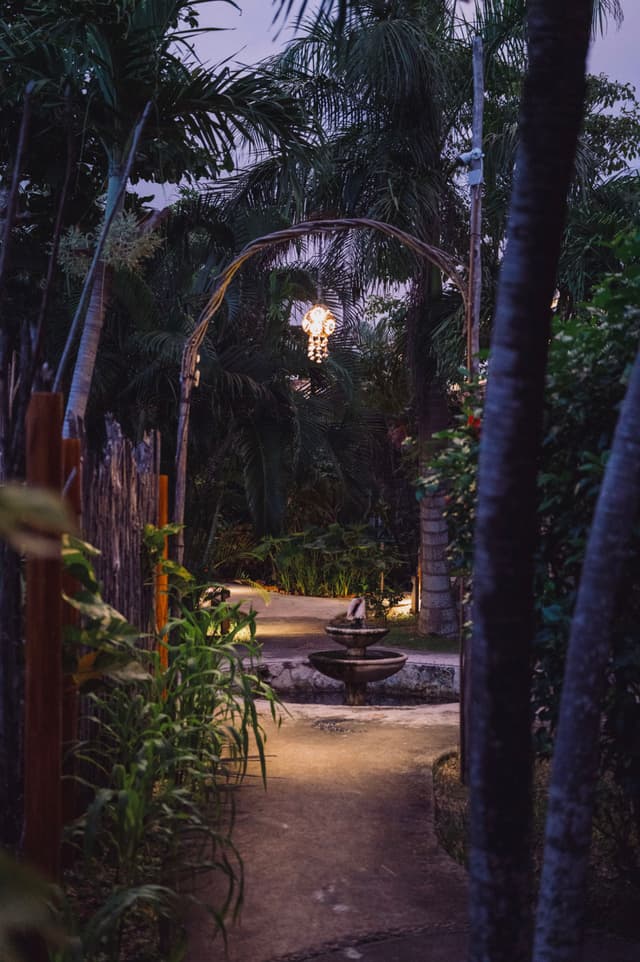 A dimly lit garden path with tropical plants, a wooden archway, and a small fountain, illuminated by a hanging light