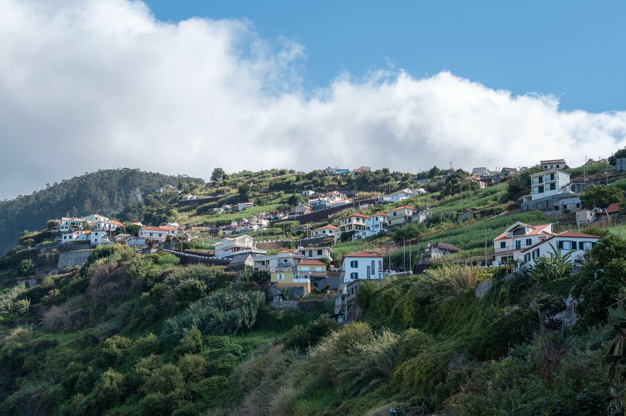 A hillside village with white houses and terracotta roofs nestled in lush greenery beneath a partly cloudy sky