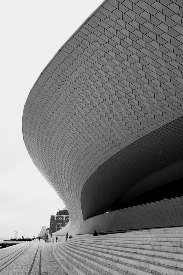 A modern architectural structure with a sweeping, curved design and a textured surface, featuring steps leading up to it. The scene is in black and white, emphasizing the building's geometric patterns